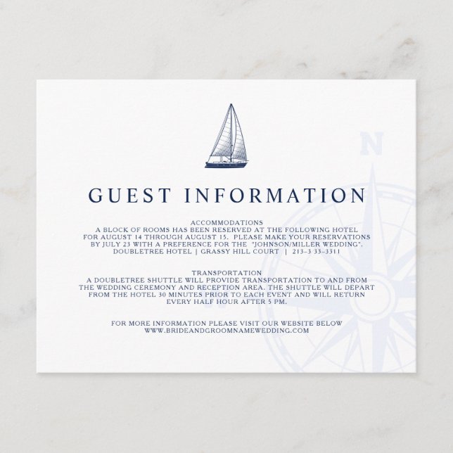 Tarjeta De Recepción Información de invitado del Boda de velero náutico (Anverso)