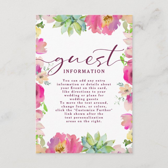 Tarjeta De Recepción Información de invitado del Boda Floral Rosa (Anverso)