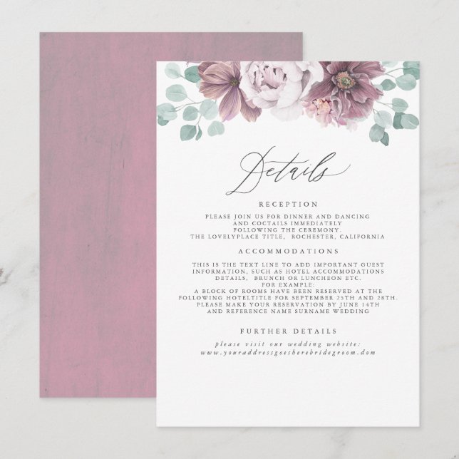 Tarjeta De Recepción Información de Mauve Floral Boda (Anverso / Reverso)