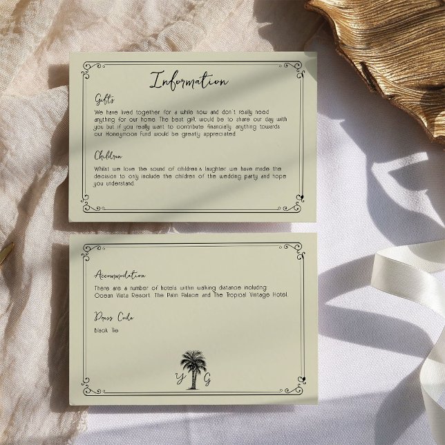 Tarjeta De Recepción Información de Personalizado de escritura manuscri (Information Card for your wedding details - from my Vintage Palm Wedding Collection)