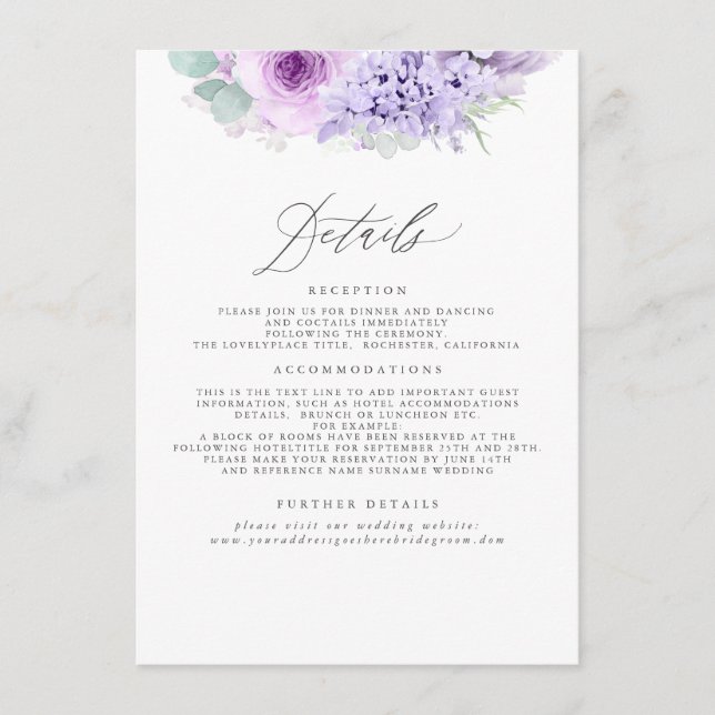 Tarjeta De Recepción Información del Boda de Dusty Purple Floral (Anverso)