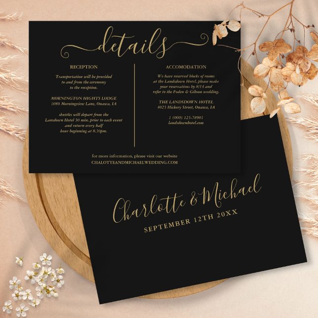 Tarjeta De Recepción Información detallada sobre el Boda de guiones neg (Black And Gold Script Wedding Details Information Enclosure Card)
