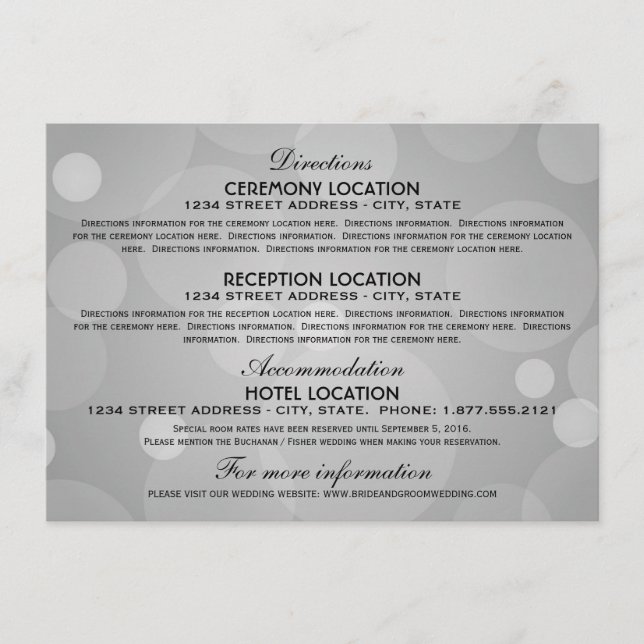 Tarjeta De Recepción Información elegante de platino y Boda negro (Anverso)
