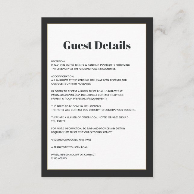 Tarjeta De Recepción Información moderna para invitados de boda en negr (Anverso)