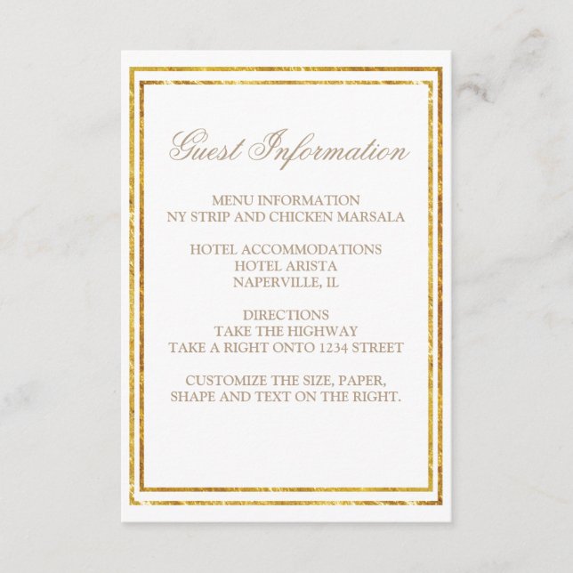 Tarjeta De Recepción Información para invitados de boda con borde dorad (Anverso)