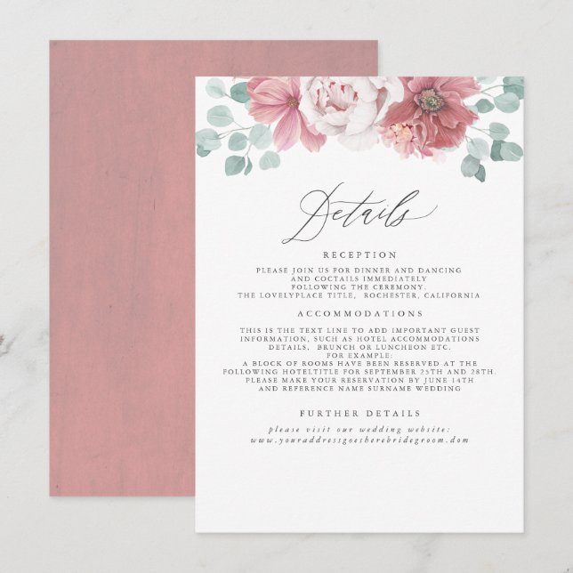 Tarjeta De Recepción Información Rosa del Boda floral de Dusty (Anverso / Reverso)