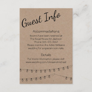 Tarjeta De Recepción Información rústica de la huésped con las luces en