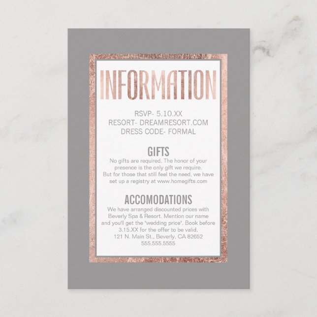 Tarjeta De Recepción Información sencilla sobre gris pizarra del marco  (Anverso)