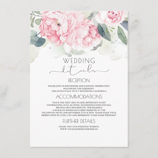 Tarjeta De Recepción Información sobre Bodas florales rosados (Anverso)