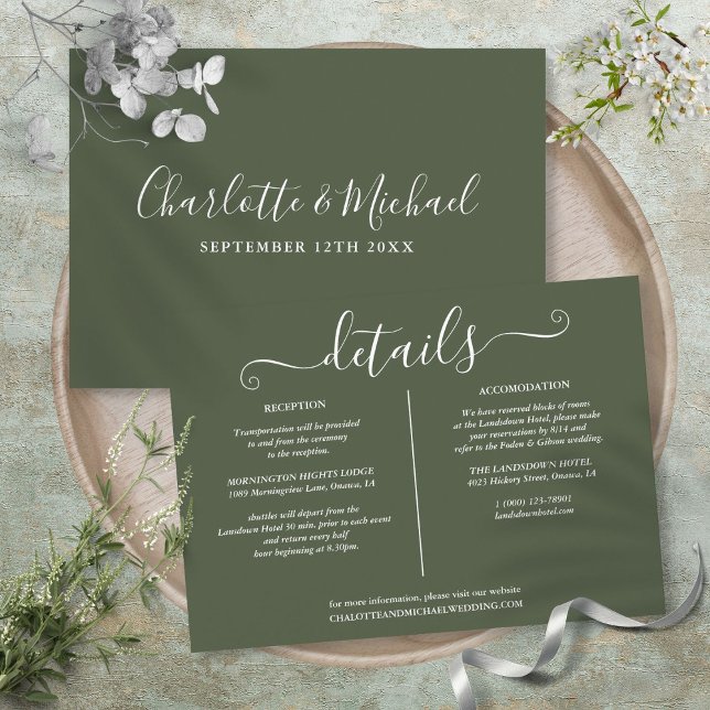 Tarjeta De Recepción Información sobre el Boda de firma verde oliva (Olive Green Signature Wedding Details Information Enclosure Card)
