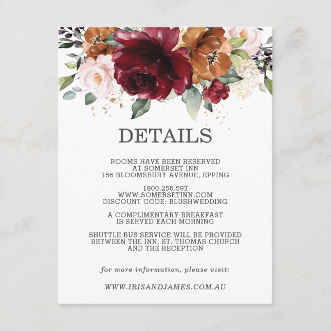 Tarjeta De Recepción Información sobre el Boda de Floral de Borgoña (Anverso)