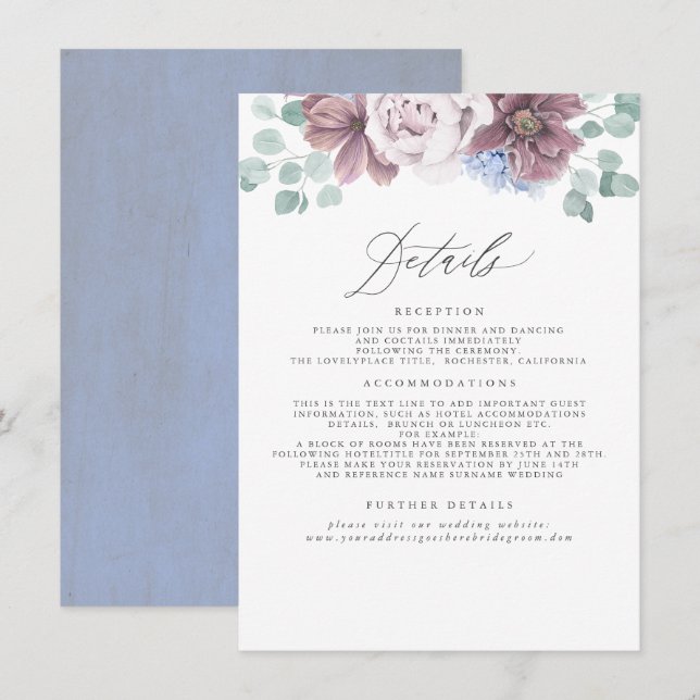 Tarjeta De Recepción Información sobre el Boda Floral Azul húmedo y húm (Anverso / Reverso)