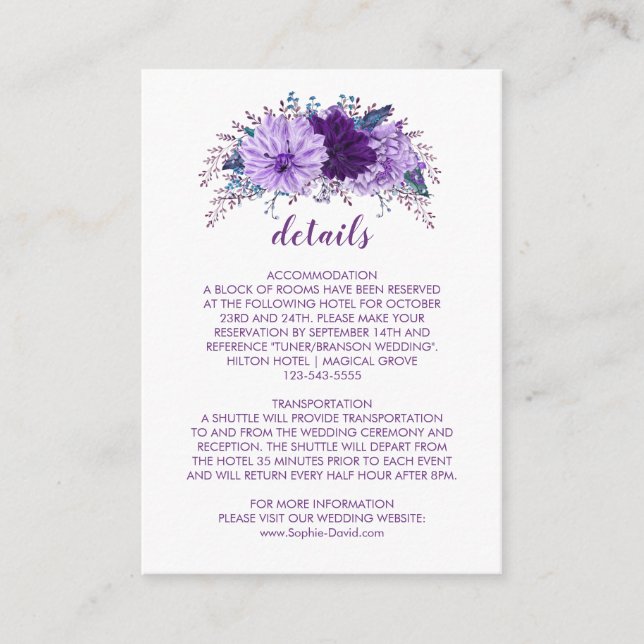 Tarjeta De Recepción Información sobre el Boda púrpura de la Pluma Flor (Anverso)
