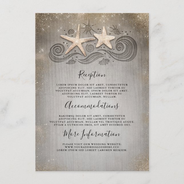 Tarjeta De Recepción Información sobre la boda de Gold Starfish Beach (Anverso)