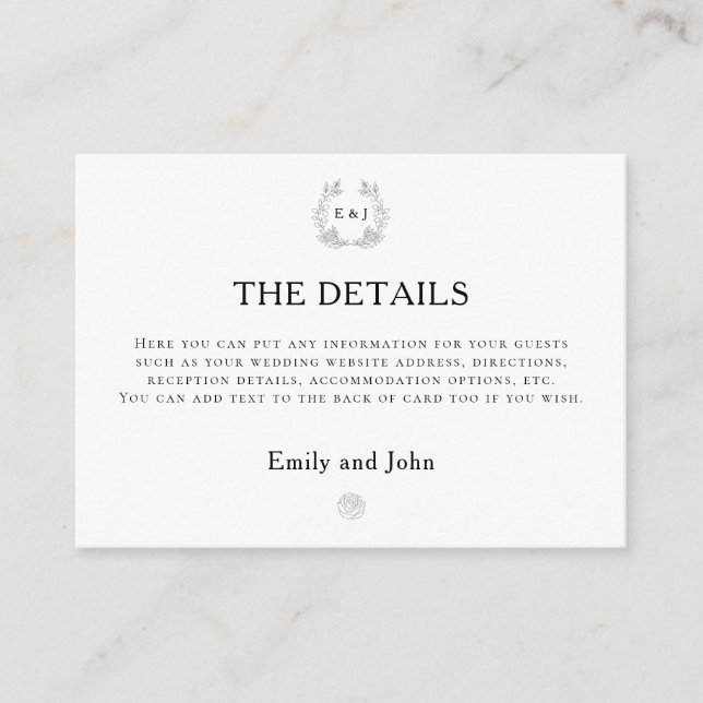 Tarjeta De Recepción Iniciales de monograma hoja Detalles del Boda de t (Anverso)