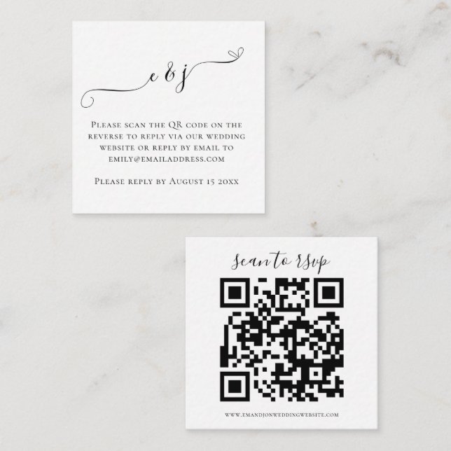 Tarjeta De Recepción Iniciales Script QR Boda de código RSVP blanco neg (Anverso / Reverso)