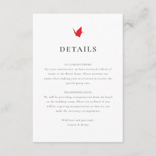 Tarjeta De Recepción Inserto de Boda de Grullas de Origami