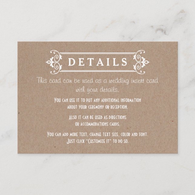 Tarjeta De Recepción Inserto de detalles de boda en papel cartón kraft  (Anverso)