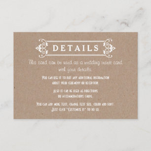 Tarjeta De Recepción Inserto de detalles de boda en papel cartón kraft 