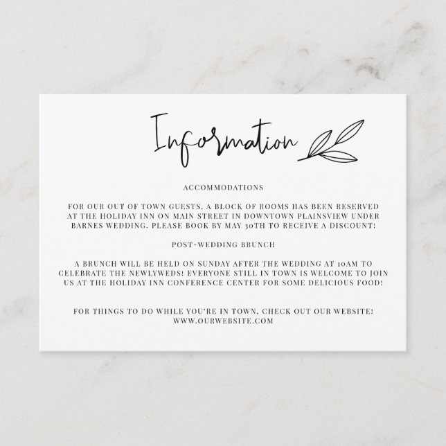 Tarjeta De Recepción Inserto de información de boda rústica (Anverso)