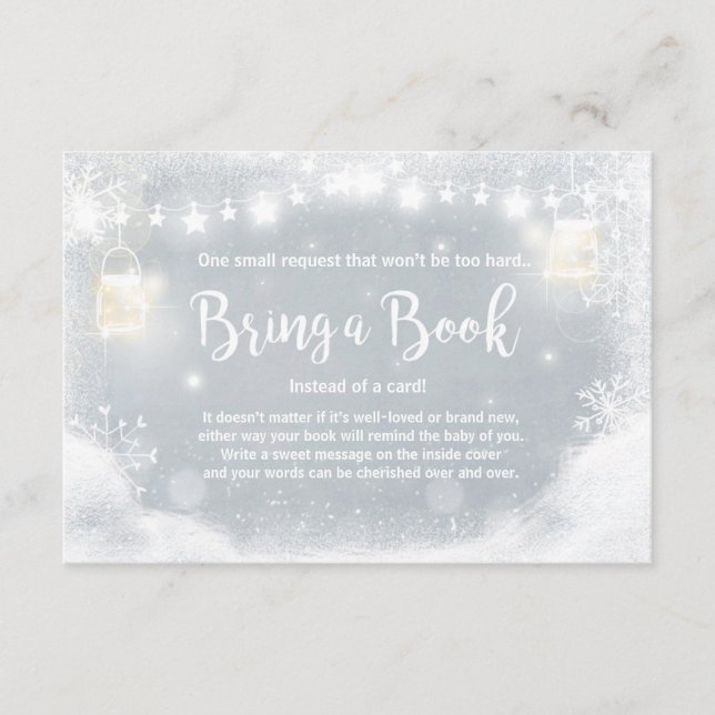 Tarjeta De Recepción Invierno Baby Shower trae un libro Nieve gris rúst (Anverso)