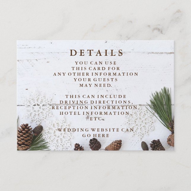 Tarjeta De Recepción Invierno Pinecone y copos de nieve que casan los (Anverso)