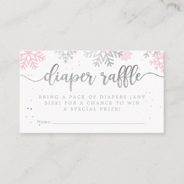 Tarjeta De Recepción Invierno rosa Snowflakes Baby Shower Diaper Raffle (Anverso)