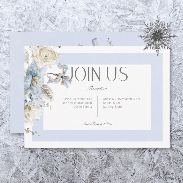 Tarjeta De Recepción Invierno Rústico Helado Floral Azul y Blanco (Subido por el creador)