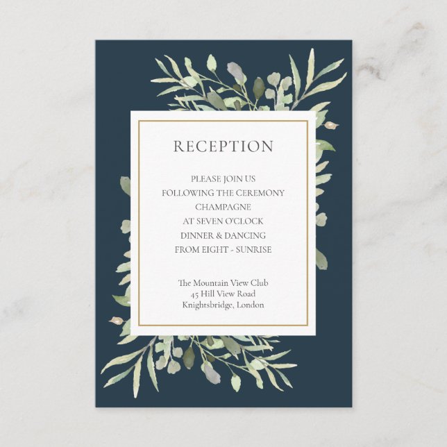 Tarjeta De Recepción Invitado Boda de la vegetación Deep Sea Blue Gold (Anverso)