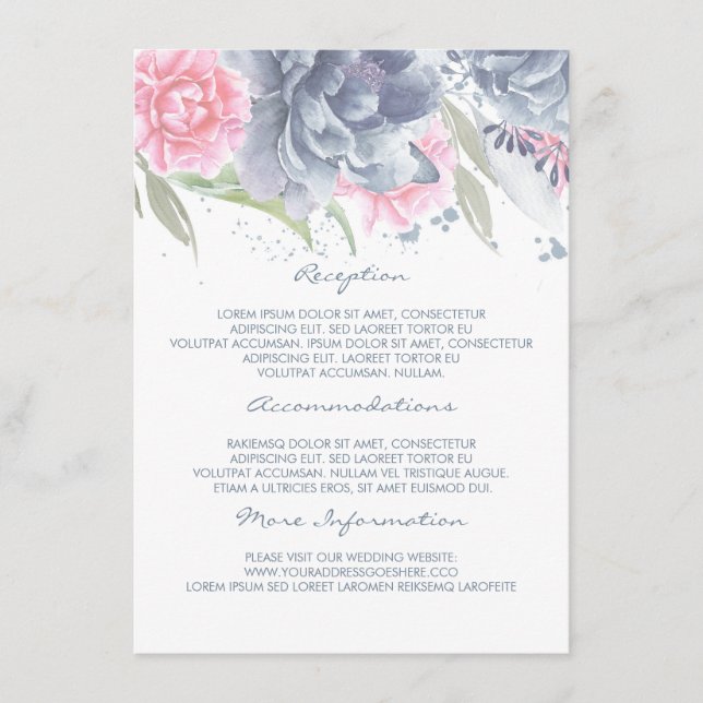 Tarjeta De Recepción Invitado de información sobre Boda Floral Azul ros (Anverso)