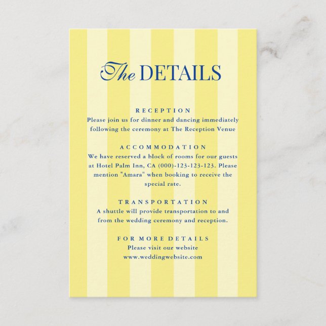 Tarjeta De Recepción Italian Striped Blue & Yellow Wedding Details (Anverso)