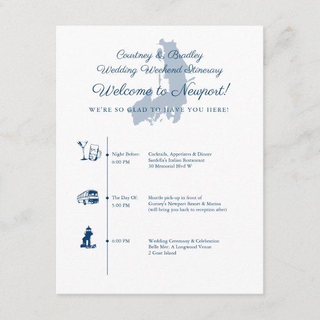 Tarjeta De Recepción Itinerario de bodas en Newport RI (Anverso)