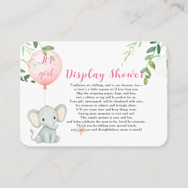 Tarjeta De Recepción It's a Girl! Pequeño elefante lindo con globo (Anverso)