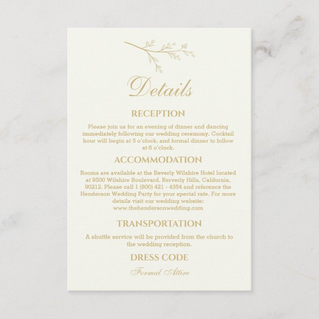 Tarjeta De Recepción Ivory Botanical Minimalist Wedding Details  (Anverso)