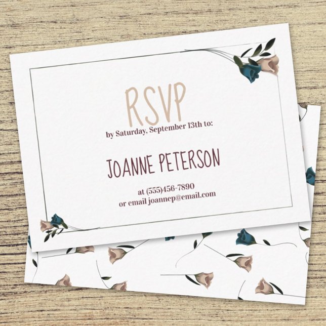 Tarjeta De Recepción Jardín Botánico Beige, Rosas Verde azulados Floral (Simple Roses Botanical RSVP Card, Enclosure Card Beige Teal Frame)