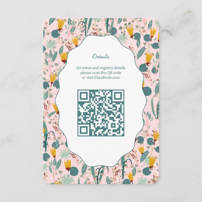 Tarjeta De Recepción Jardín de Agua Floral Bridal Shower QR PERSONALIZA (Anverso)