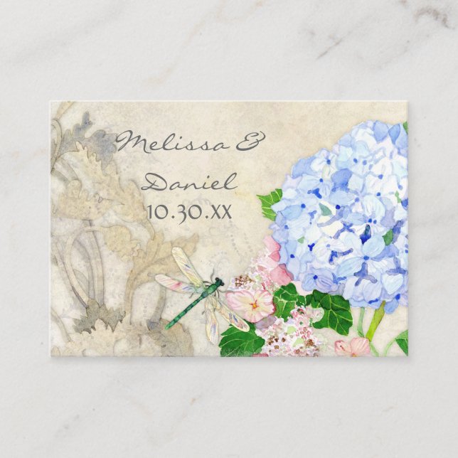 Tarjeta De Recepción Jardín inglés, azul y rosa Hydrangeas acuarela (Anverso)