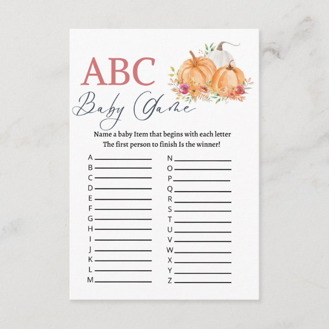 Tarjeta De Recepción Juego de baby shower ABC de calabaza  (Anverso)