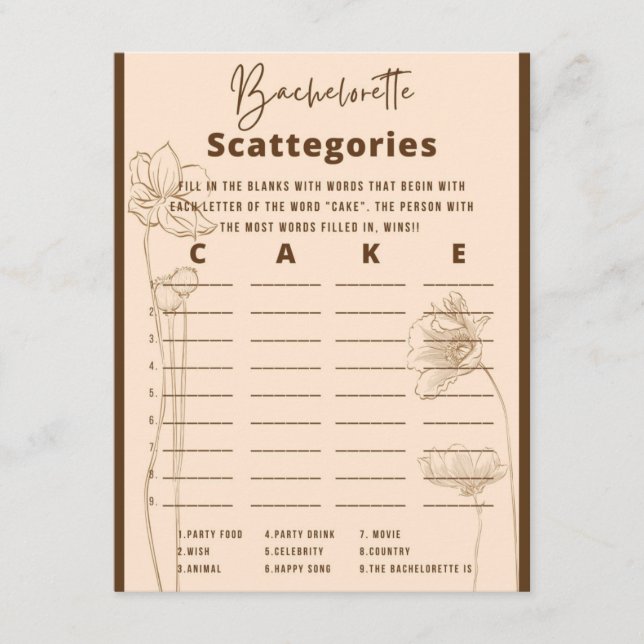 Tarjeta De Recepción Juego de Fiesta Bachelorette Scattegories (Anverso)