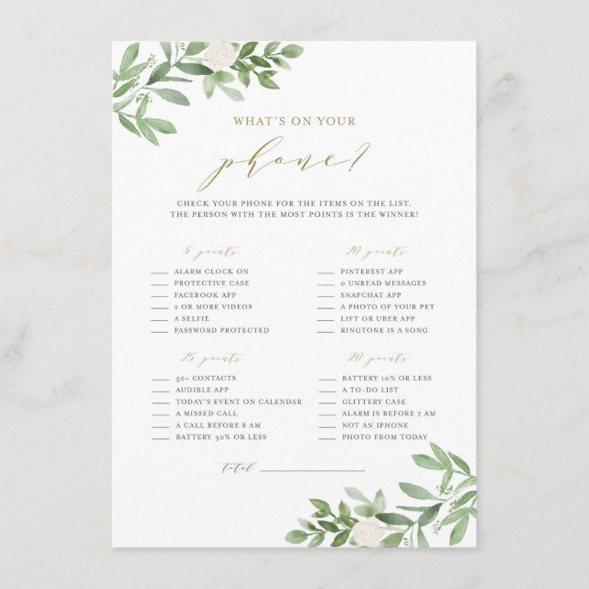 Tarjeta De Recepción Juego de '¿Qué hay en tu teléfono?' con vegetación (Anverso)