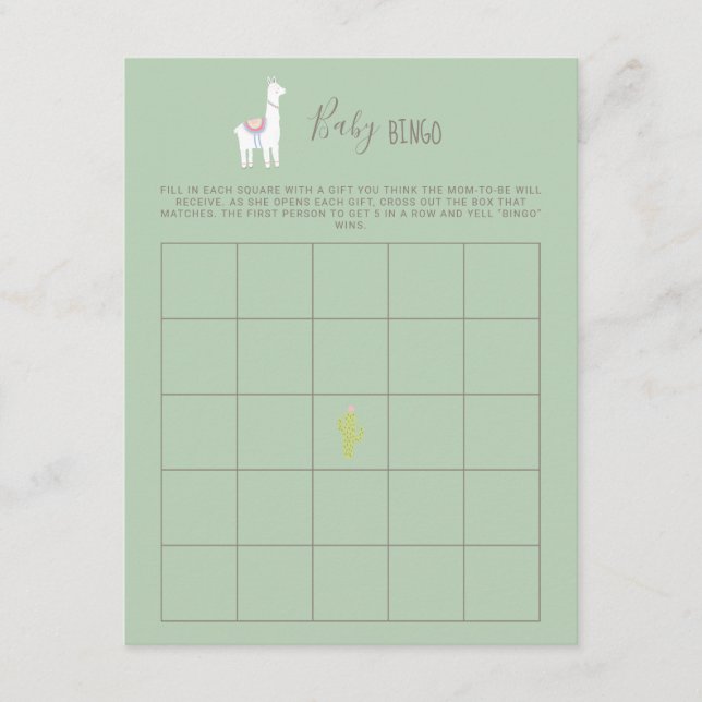 Tarjeta De Recepción Juego verde de Baby Bingo Llama Baby Shower Boy (Anverso)