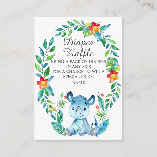 Tarjeta De Recepción Jungle Rhino Baby Shower Diaper Raffle (Anverso)