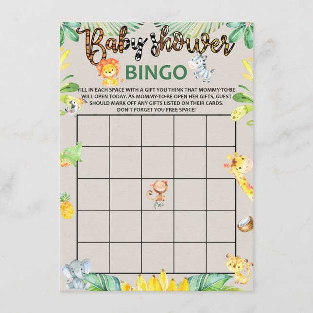 Tarjeta De Recepción Jungle Safari Animals Baby Shower Bingo Game Card (Anverso)