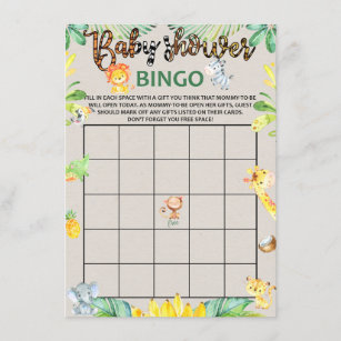 Tarjeta De Recepción Jungle Safari Animals Baby Shower Bingo Game Card