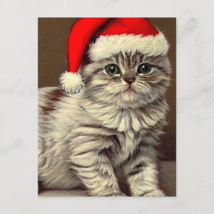 Tarjeta De Recepción Kitty de Navidad vintage con sombrero Santa