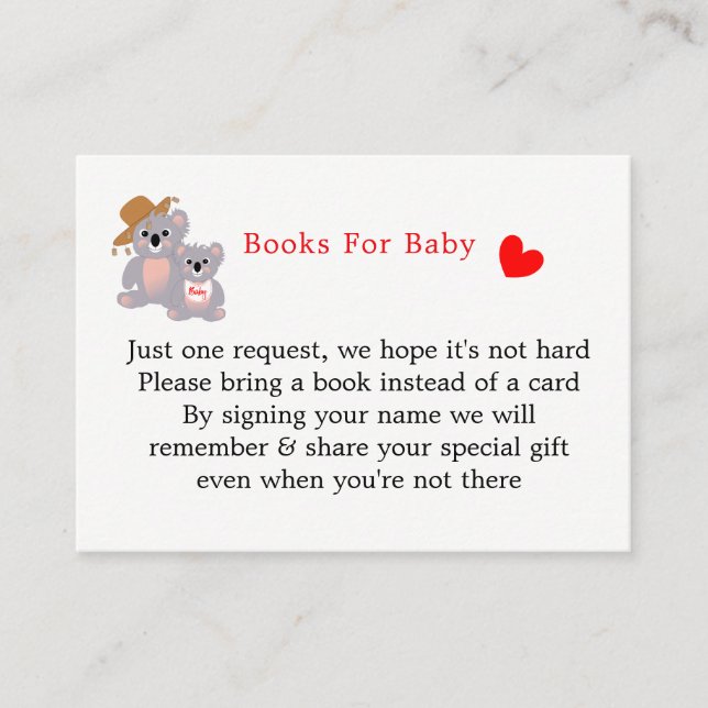 Tarjeta De Recepción Koala Lleva Libros Super Cuidados Para Pedir Bebés (Anverso)