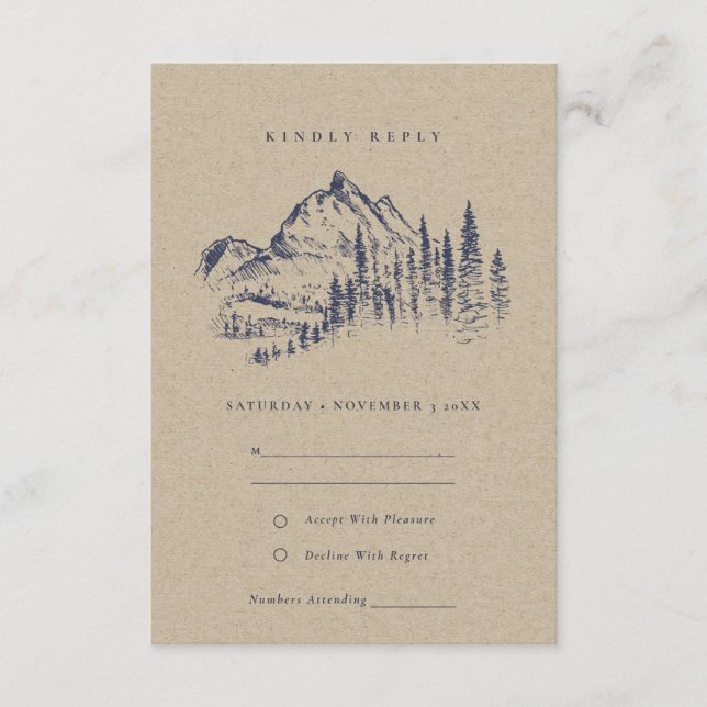 Tarjeta De Recepción Kraft Pine Woods Mountain Sketch Wedding RSVP (Anverso)