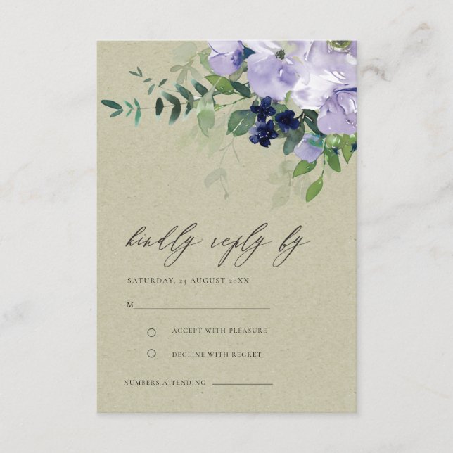 Tarjeta De Recepción Kraft Violet Purple Floral Leafy Wedding RSVP (Anverso)