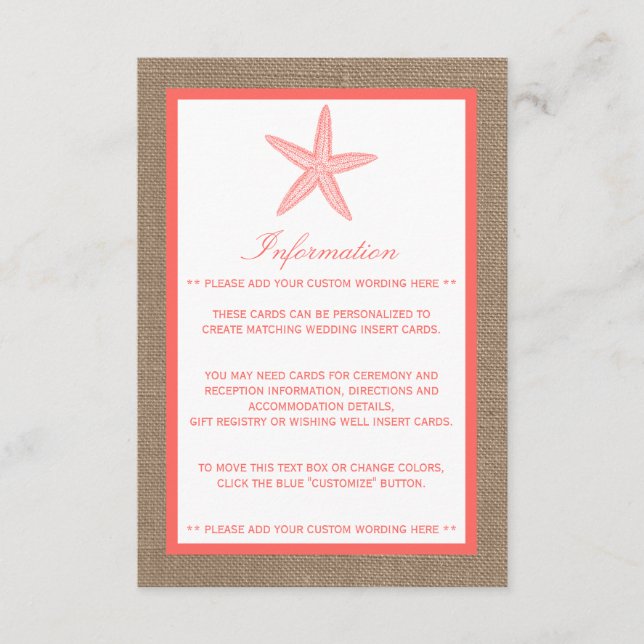 Tarjeta De Recepción La colección de bodas Coral Starfish Burlap Beach (Anverso)