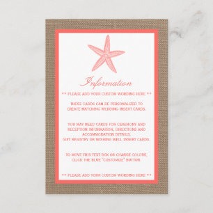 Tarjeta De Recepción La colección de bodas Coral Starfish Burlap Beach